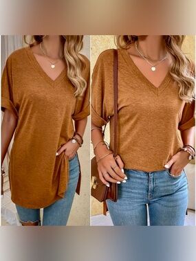 BellanBlue Relaxed Cozy Soft V-Neck Tee in Camel Light Rust Slits Cuffed Sleeves